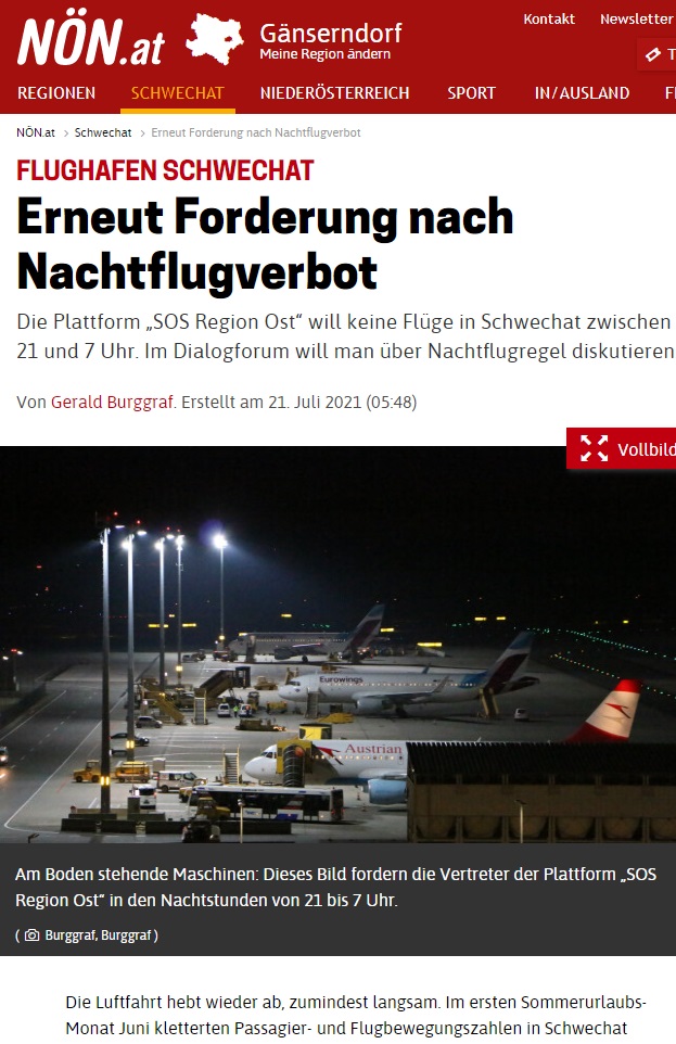 NÖN-Beitrag 21.7.2021 "Erneut Forderung nach Nachtflugverbot"