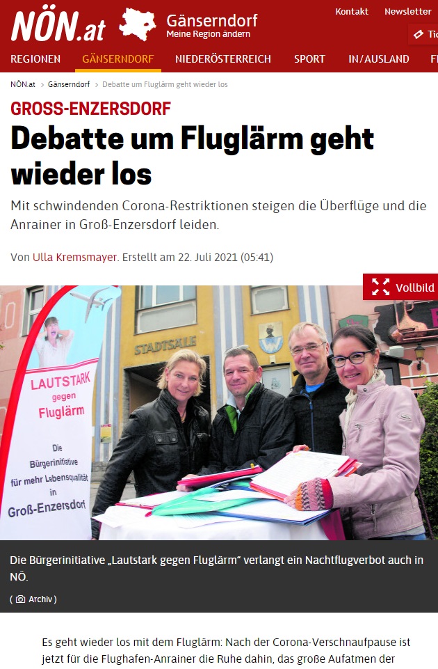 NÖN-Beitrag 22.7.2021 "Debatte um Fluglärm geht wieder los"